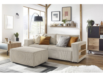 Canapé droit convertible coffre tablette NIHAD velours côtelé avec pouf