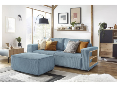 Canapé droit convertible coffre tablette NIHAD velours côtelé avec pouf