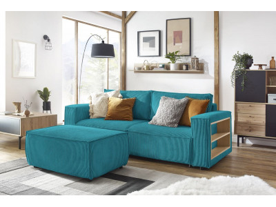 Canapé droit convertible coffre tablette NIHAD velours côtelé avec pouf