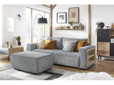 Canapé droit convertible coffre tablette NIHAD velours côtelé avec pouf