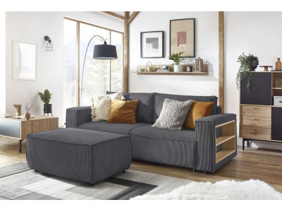 Canapé droit convertible coffre tablette NIHAD velours côtelé avec pouf