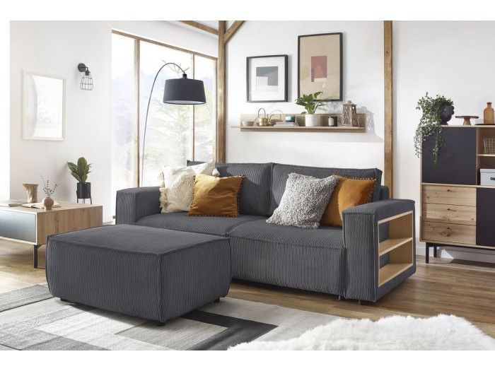 Canapé droit convertible coffre tablette NIHAD velours côtelé avec pouf