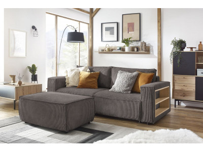 Canapé droit convertible coffre tablette NIHAD velours côtelé avec pouf
