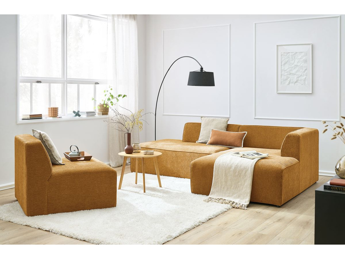 Canapé d'angle fixe EVEREST tissu chiné - Orange - Angle droit - 10 coussins