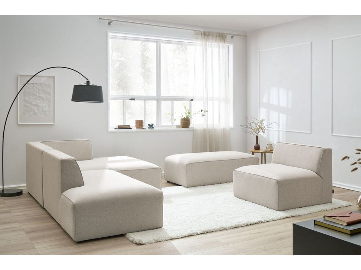 Canapé d'angle fixe modulable MEGEVE tissu chiné avec 1 chauffeuse et 1 pouf beige angle droit BOBOCHIC 6 places - Vue supplémentaire 3