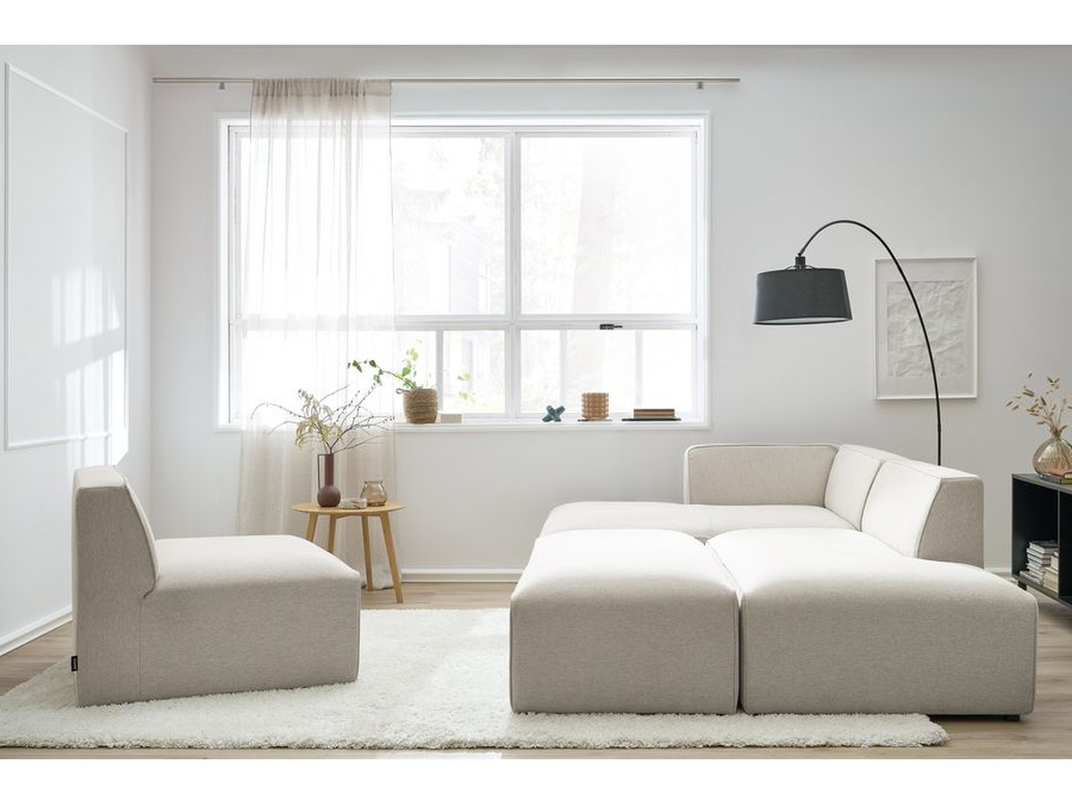 Canapé d'angle fixe modulable MEGEVE tissu chiné avec 1 chauffeuse et 1 pouf