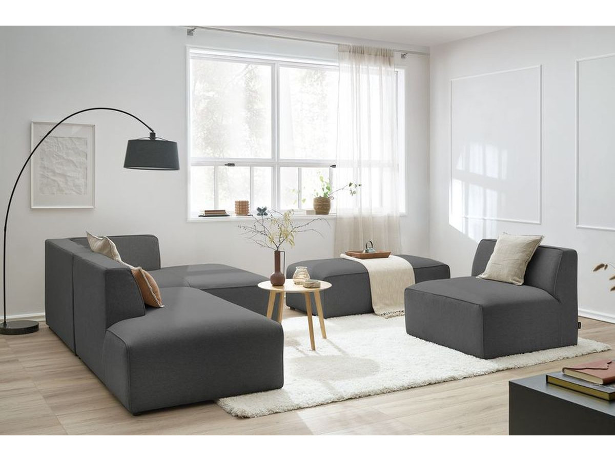 MEGEVE modulaire vaste hoekbank in gemêleerde stof met 1 fauteuil en 1 poef
