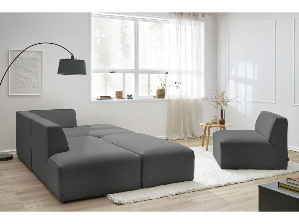 MEGEVE modulaire vaste hoekbank in gemêleerde stof met 1 fauteuil en 1 poef