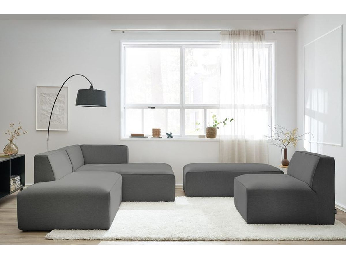 MEGEVE modulaire vaste hoekbank in gemêleerde stof met 1 fauteuil en 1 poef