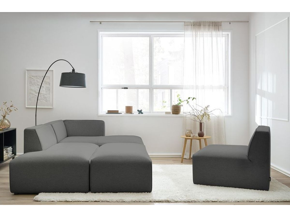 MEGEVE modulaire vaste hoekbank in gemêleerde stof met 1 fauteuil en 1 poef