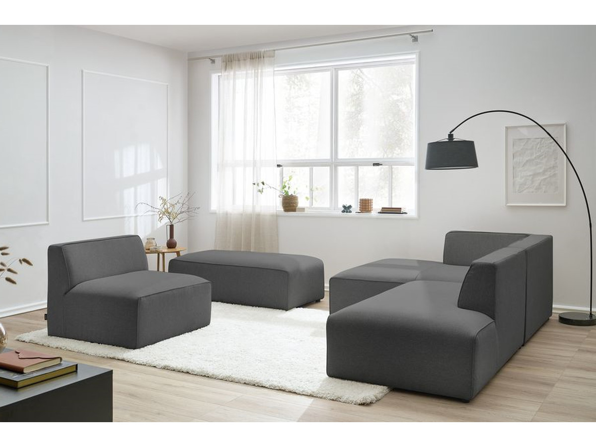 Canapé d'angle fixe modulable MEGEVE tissu chiné avec 1 chauffeuse et 1 pouf gris foncé angle gauche BOBOCHIC 6 places - Vue supplémentaire 3