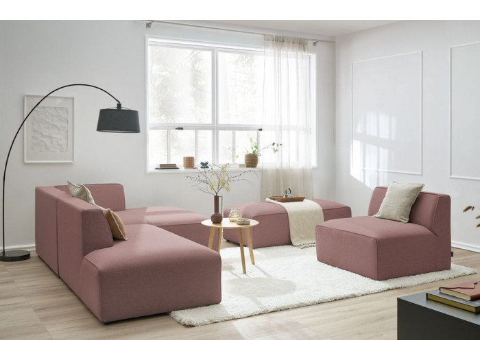 Canapé d'angle fixe modulable MEGEVE tissu lisse avec 1 chauffeuse et 1 pouf