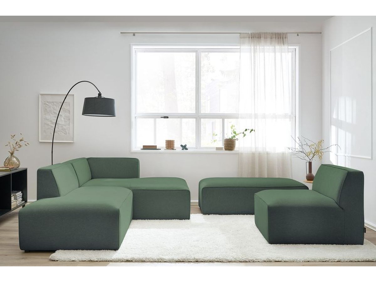 Canapé d'angle fixe modulable MEGEVE tissu chiné avec 1 chauffeuse et 1 pouf