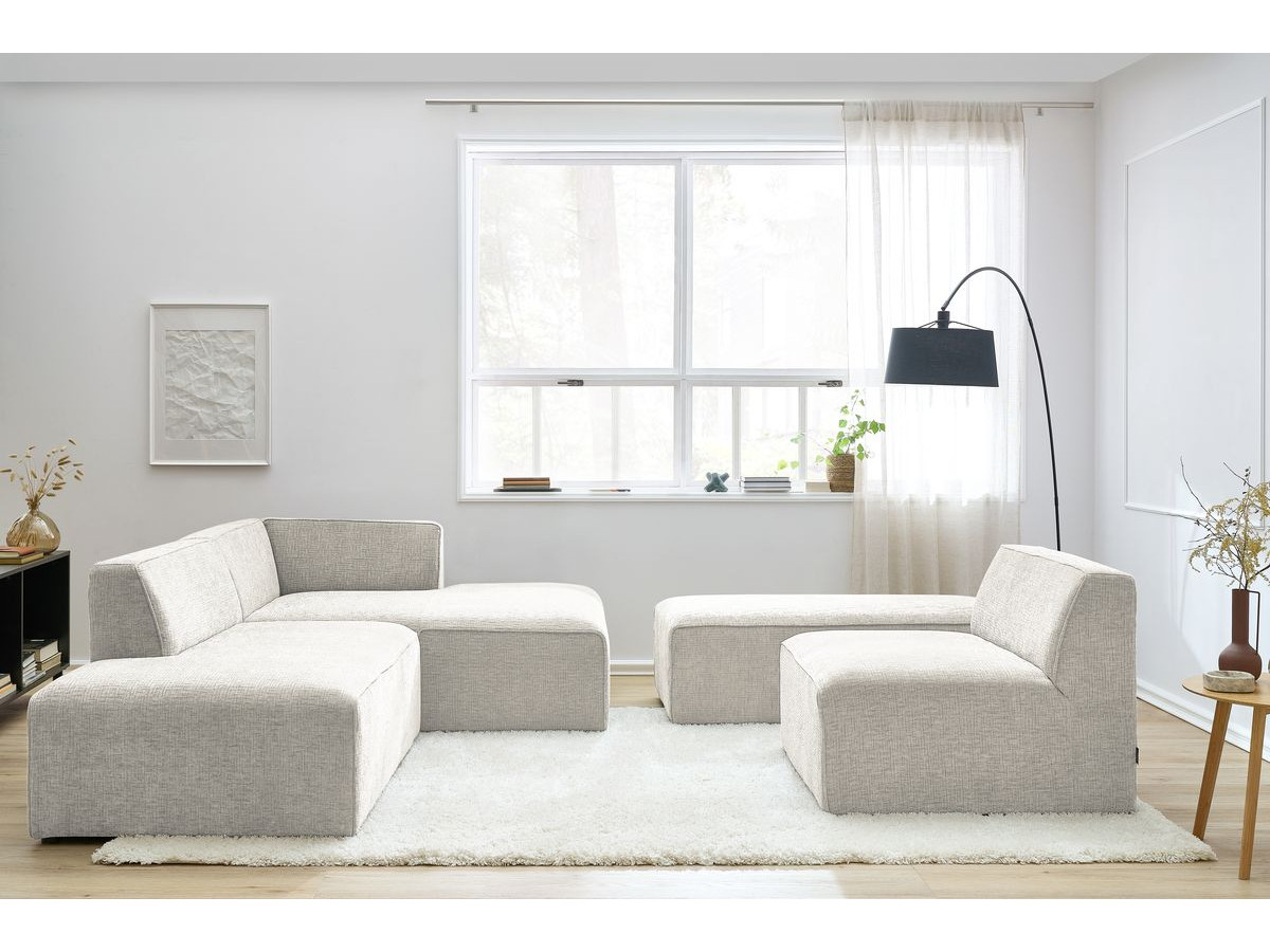 Canapé d'angle fixe modulable MEGEVE tissu texturé avec 1 chauffeuse et 1 pouf beige angle droit BOBOCHIC 6 places - Vue supplémentaire 3
