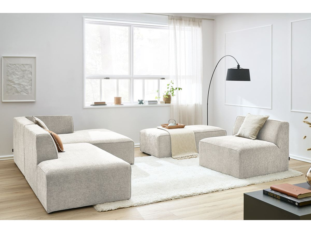 MEGEVE vaste modulaire hoekbank in structuurstof met 1 fauteuil en 1 poef
