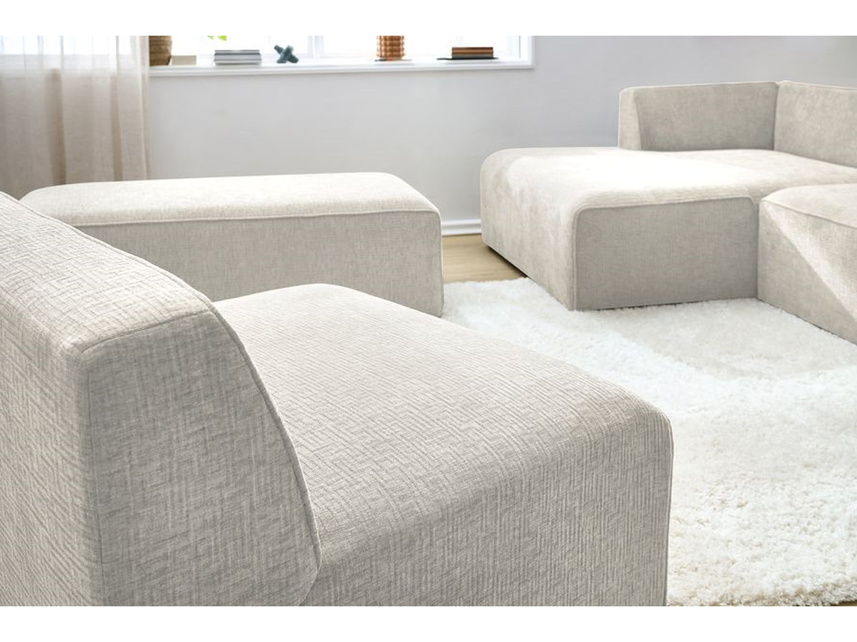 MEGEVE vaste modulaire hoekbank in structuurstof met 1 fauteuil en 1 poef