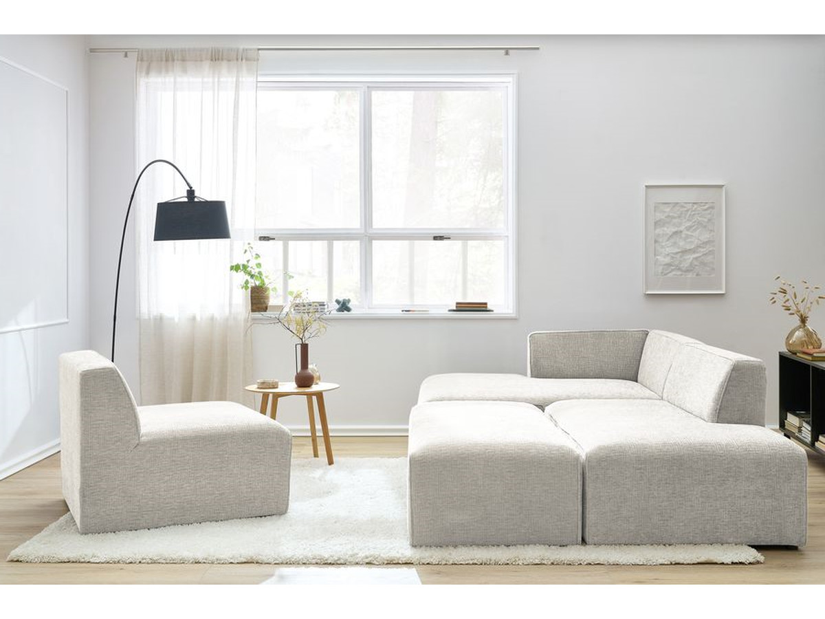MEGEVE vaste modulaire hoekbank in structuurstof met 1 fauteuil en 1 poef