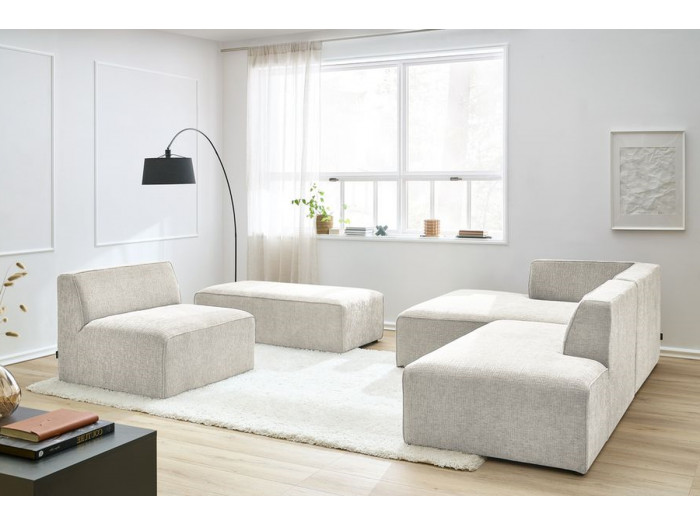 Canapé d'angle fixe modulable MEGEVE tissu texturé avec 1 chauffeuse et 1 pouf