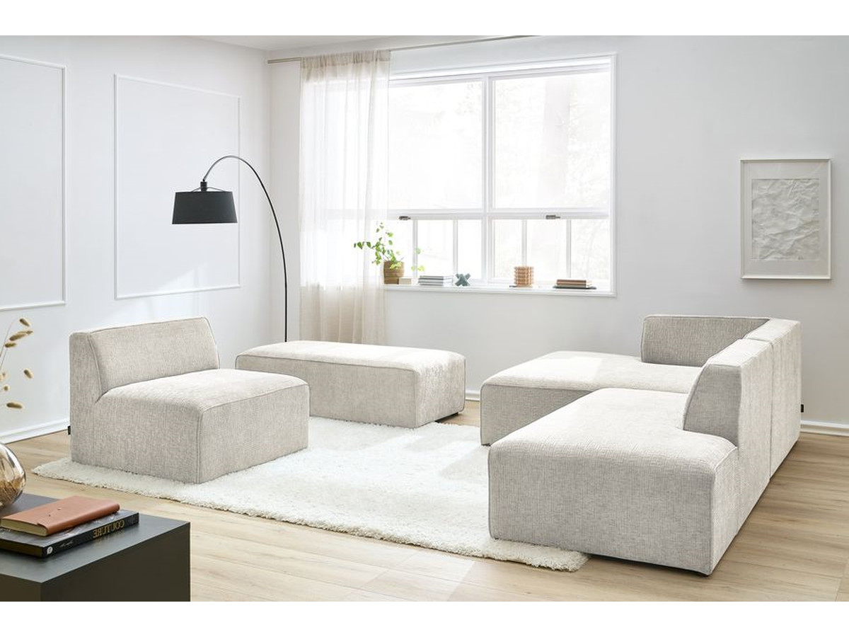 MEGEVE vaste modulaire hoekbank in structuurstof met 1 fauteuil en 1 poef