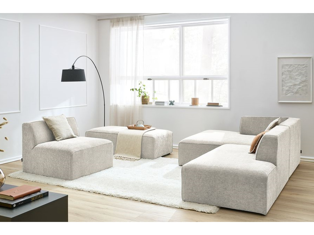 MEGEVE vaste modulaire hoekbank in structuurstof met 1 fauteuil en 1 poef