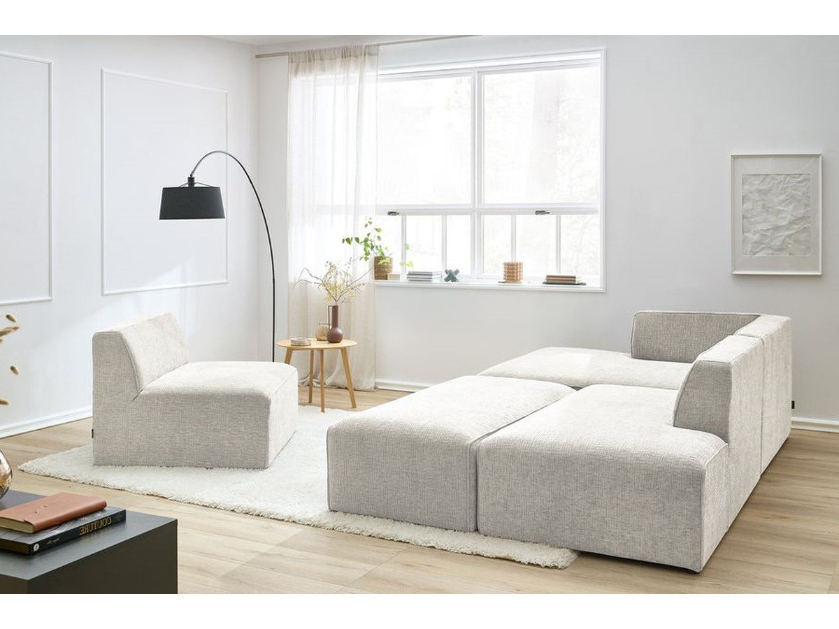 MEGEVE vaste modulaire hoekbank in structuurstof met 1 fauteuil en 1 poef