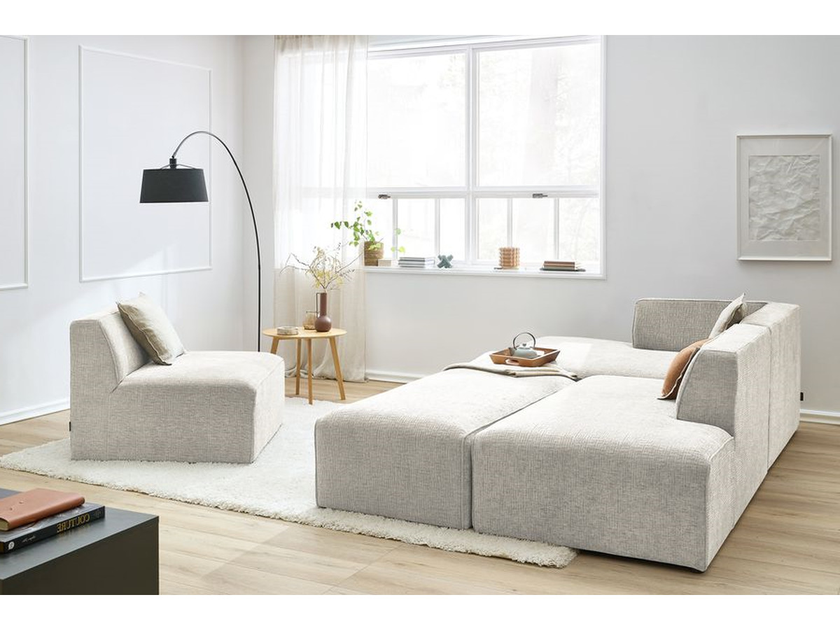 MEGEVE vaste modulaire hoekbank in structuurstof met 1 fauteuil en 1 poef