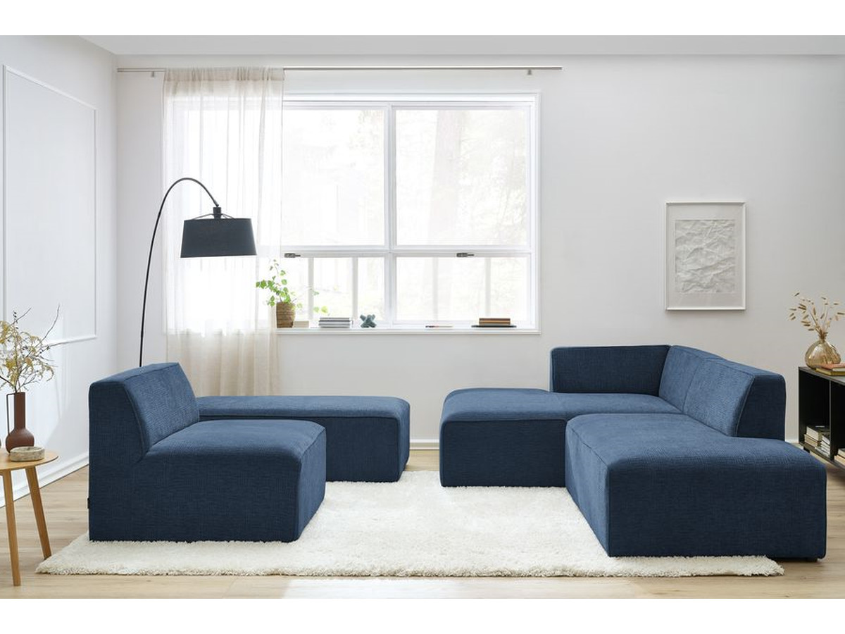 Canapé d'angle fixe modulable MEGEVE tissu texturé avec 1 chauffeuse et 1 pouf bleu foncé angle gauche BOBOCHIC 6 places - Vue supplémentaire 3