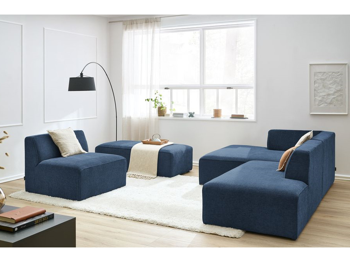 Canapé d'angle fixe modulable MEGEVE tissu texturé avec 1 chauffeuse et 1 pouf