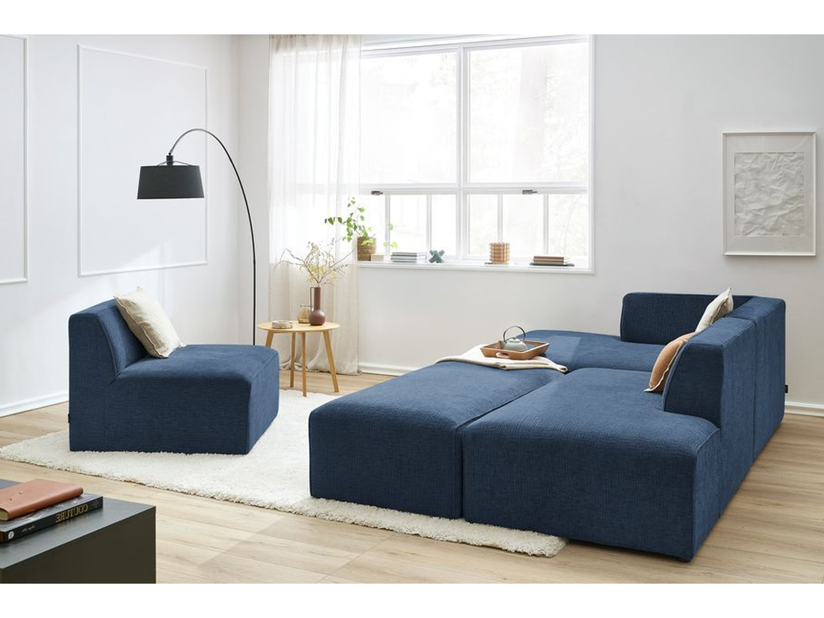 Canapé d'angle fixe modulable MEGEVE tissu texturé avec 1 chauffeuse et 1 pouf