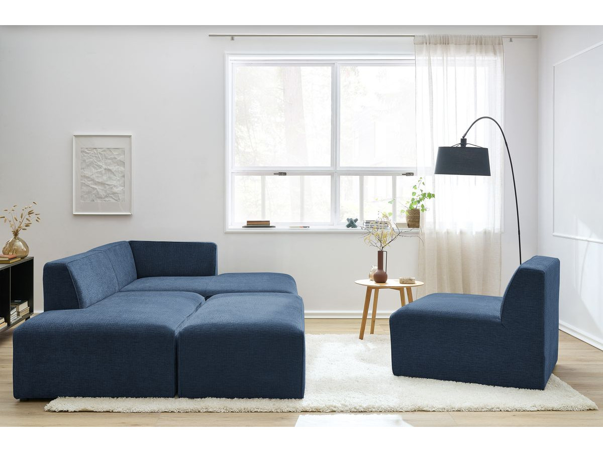 Canapé d'angle fixe modulable MEGEVE tissu texturé avec 1 chauffeuse et 1 pouf