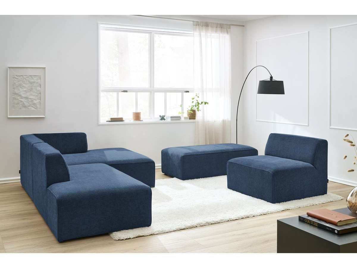 Canapé d'angle fixe modulable MEGEVE tissu texturé avec 1 chauffeuse et 1 pouf