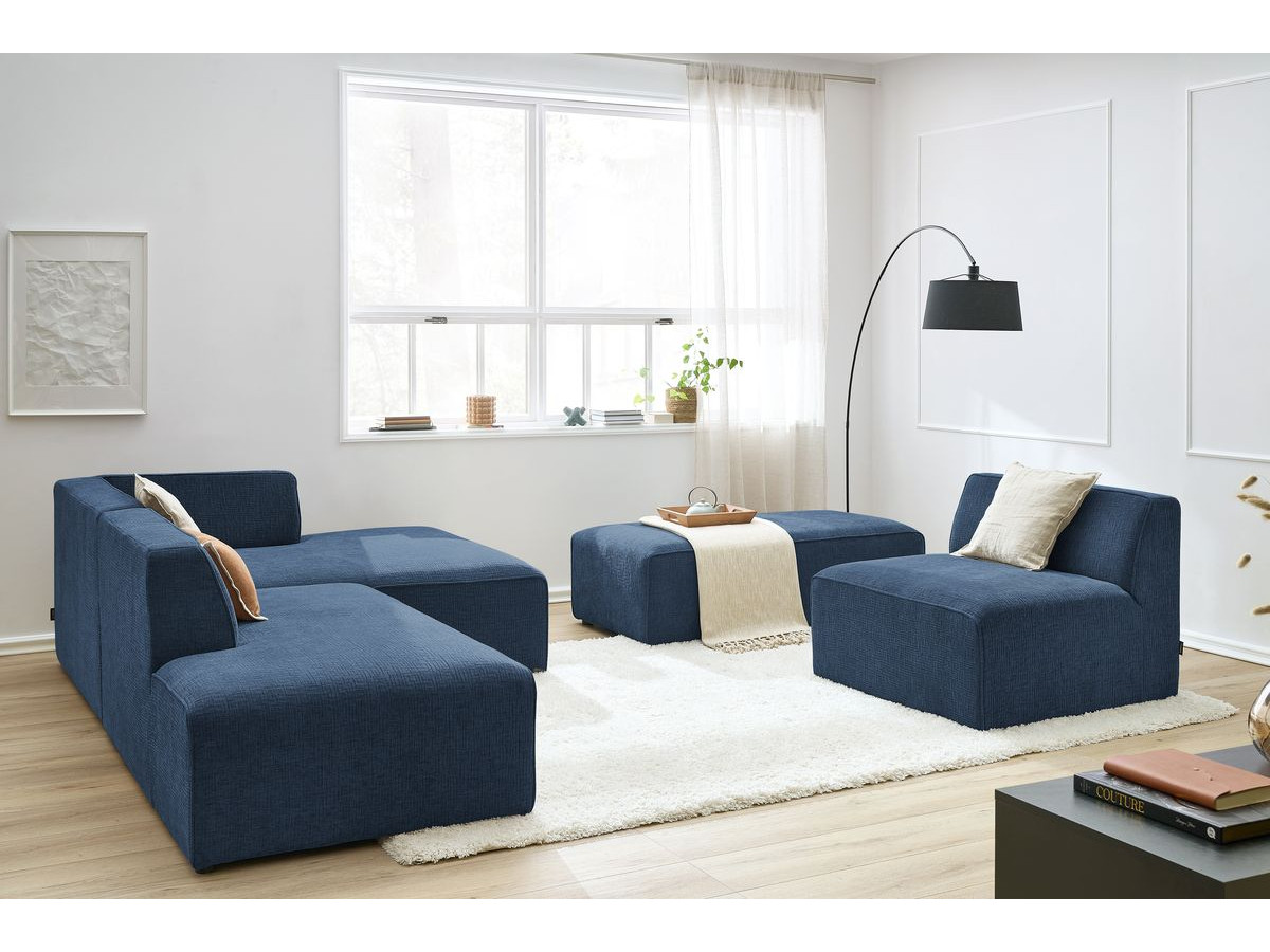 Canapé d'angle fixe modulable MEGEVE tissu texturé avec 1 chauffeuse et 1 pouf