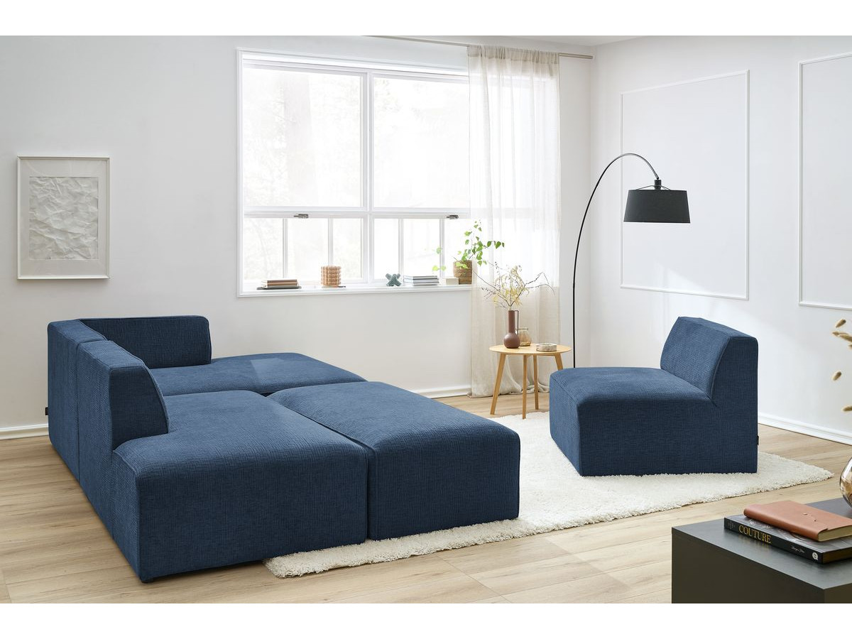 Canapé d'angle fixe modulable MEGEVE tissu texturé avec 1 chauffeuse et 1 pouf