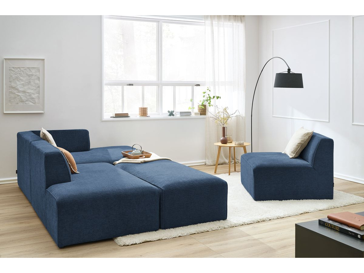 Canapé d'angle fixe modulable MEGEVE tissu texturé avec 1 chauffeuse et 1 pouf
