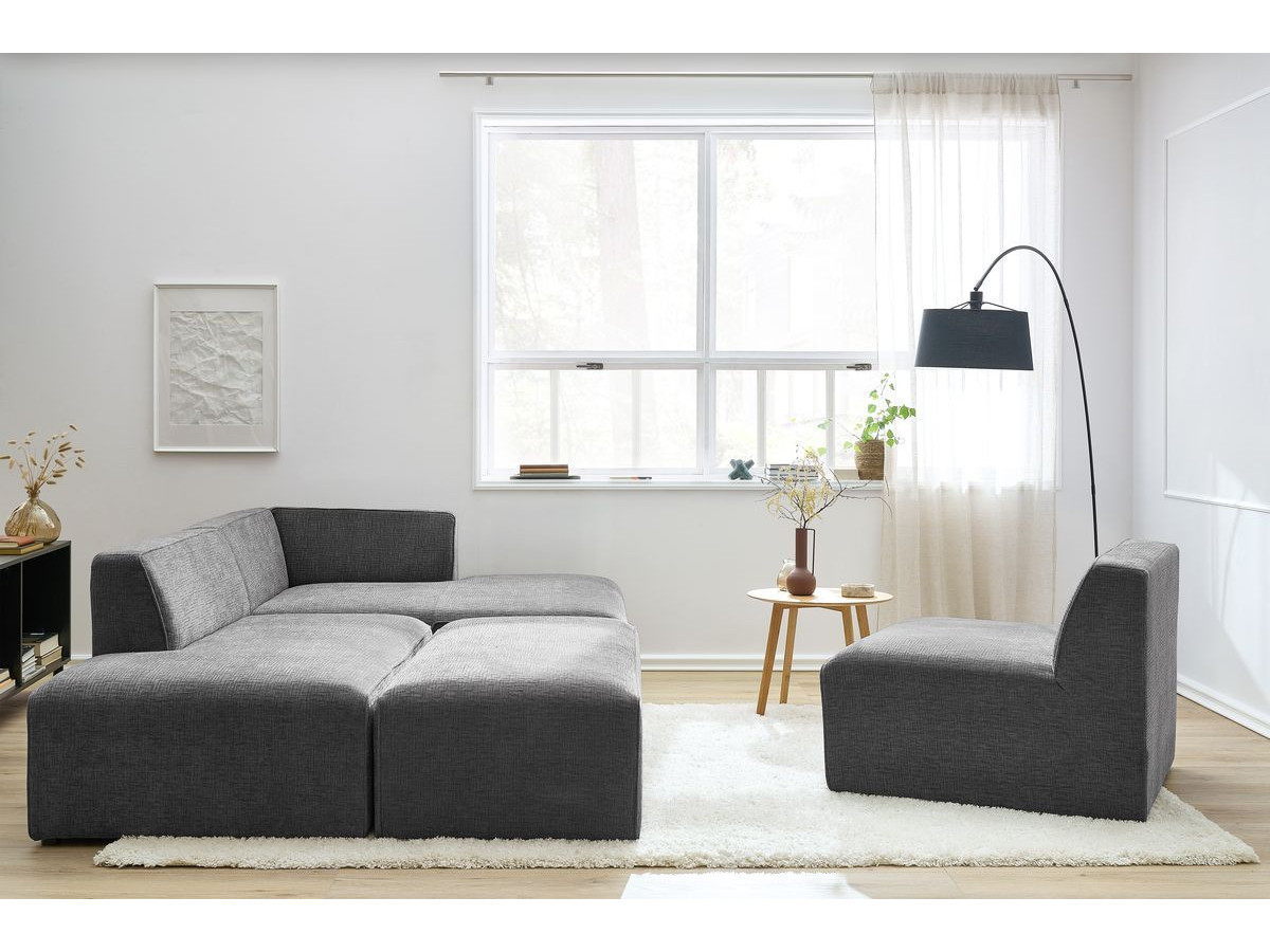 Canapé d'angle fixe modulable MEGEVE tissu texturé avec 1 chauffeuse et 1 pouf