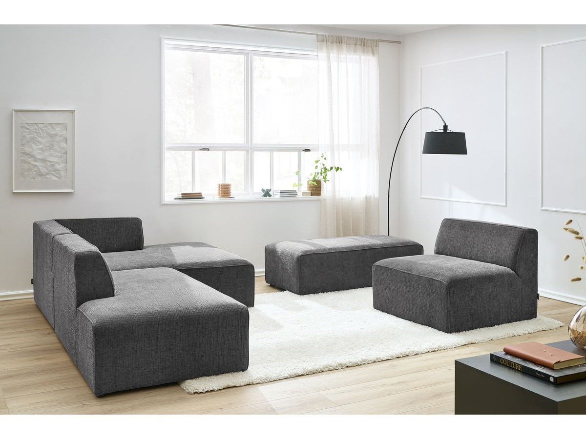 Canapé d'angle fixe modulable MEGEVE tissu texturé avec 1 chauffeuse et 1 pouf