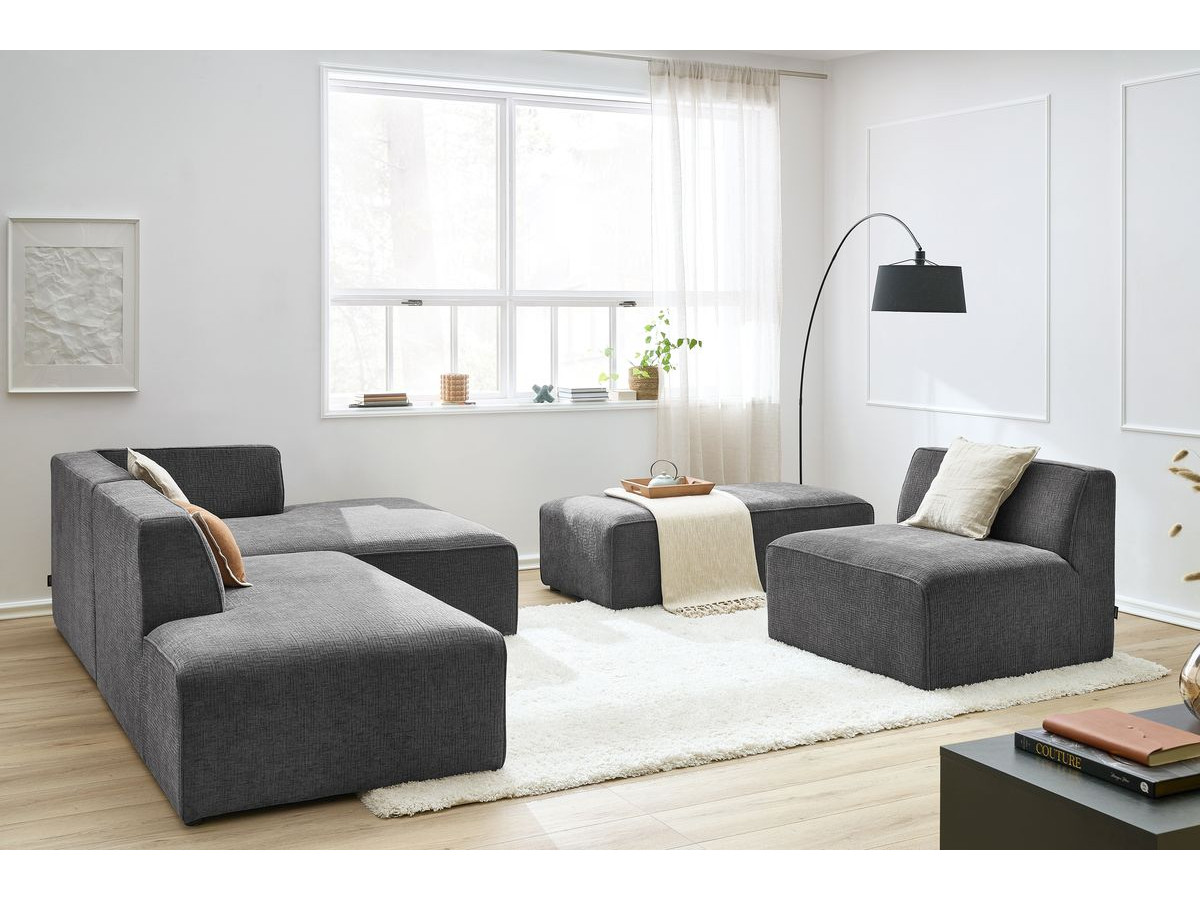 Canapé d'angle fixe modulable MEGEVE tissu texturé avec 1 chauffeuse et 1 pouf