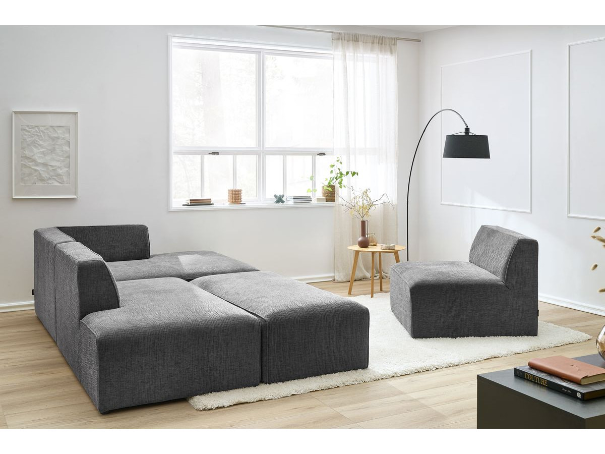 Canapé d'angle fixe modulable MEGEVE tissu texturé avec 1 chauffeuse et 1 pouf