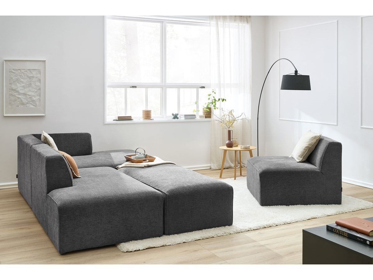 Canapé d'angle fixe modulable MEGEVE tissu texturé avec 1 chauffeuse et 1 pouf
