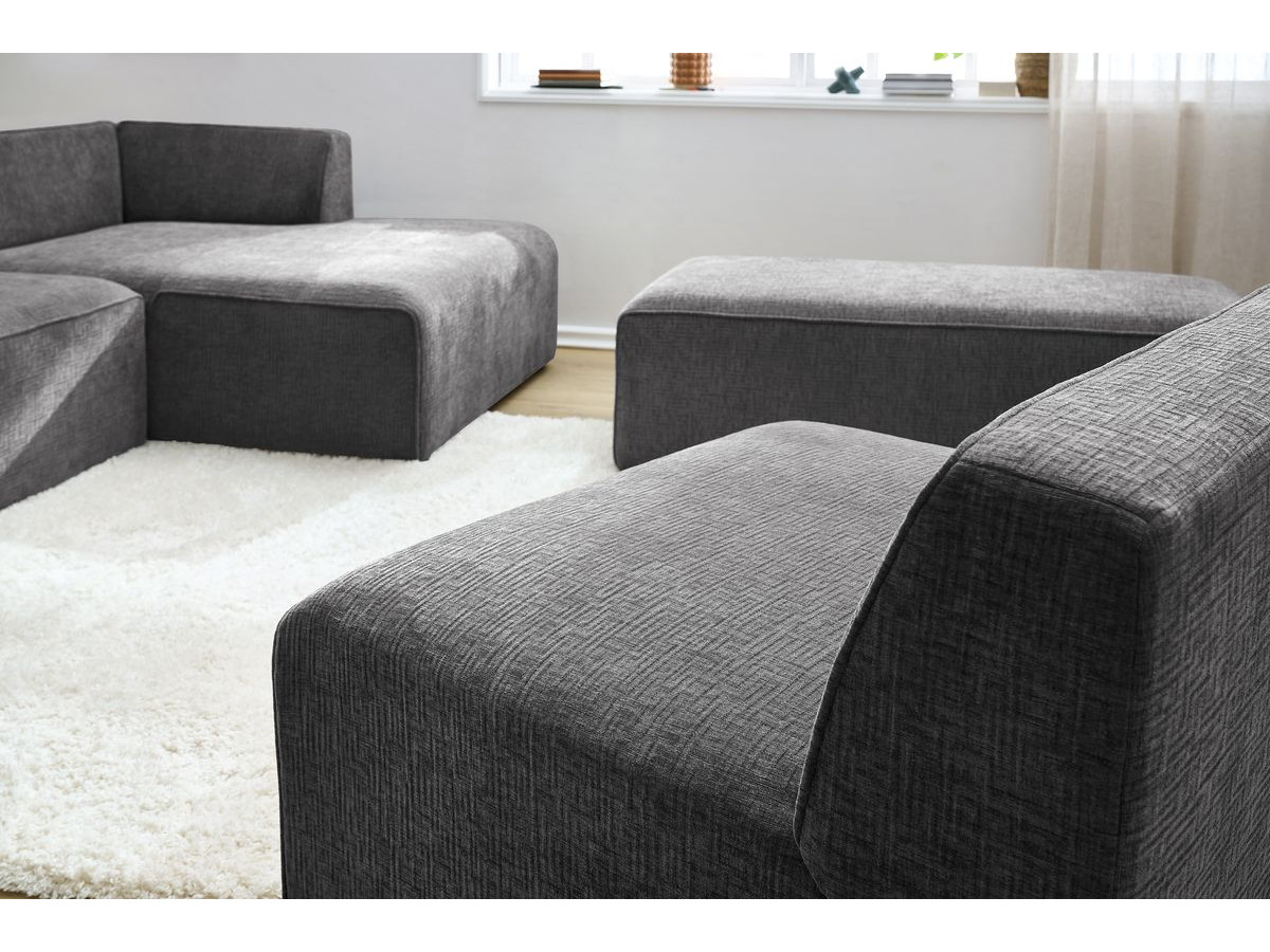 Canapé d'angle fixe modulable MEGEVE tissu texturé avec 1 chauffeuse et 1 pouf