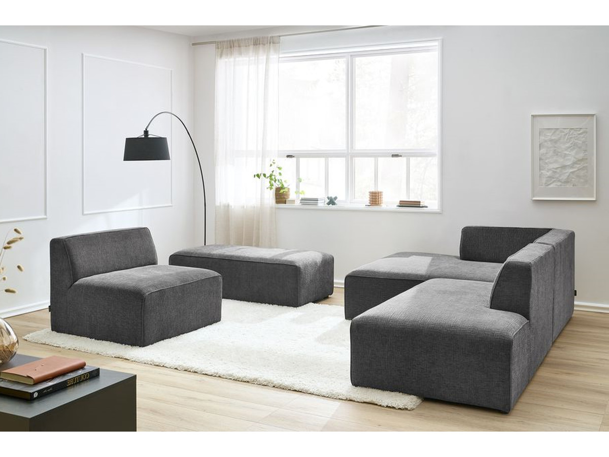 MEGEVE vaste modulaire hoekbank in structuurstof met 1 fauteuil en 1 poef