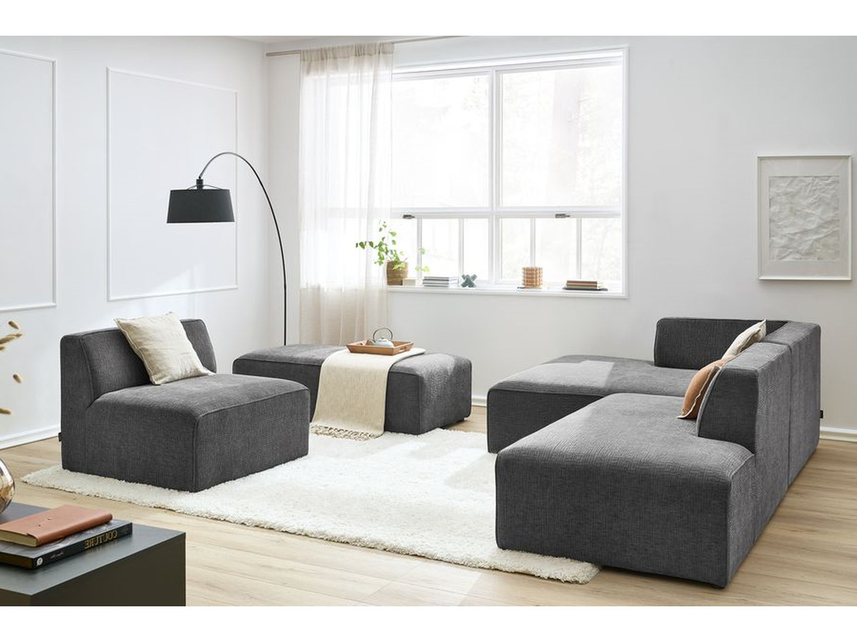 MEGEVE vaste modulaire hoekbank in structuurstof met 1 fauteuil en 1 poef
