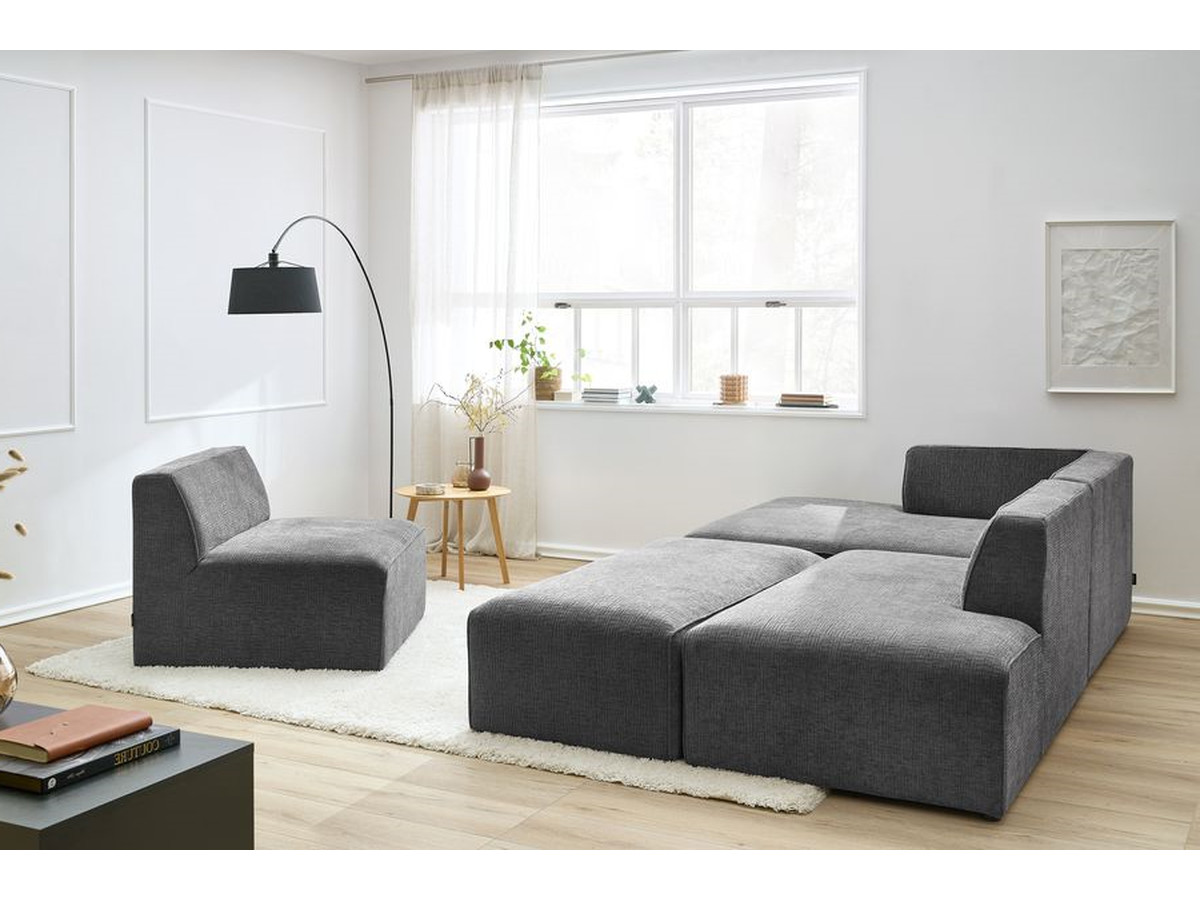 MEGEVE vaste modulaire hoekbank in structuurstof met 1 fauteuil en 1 poef