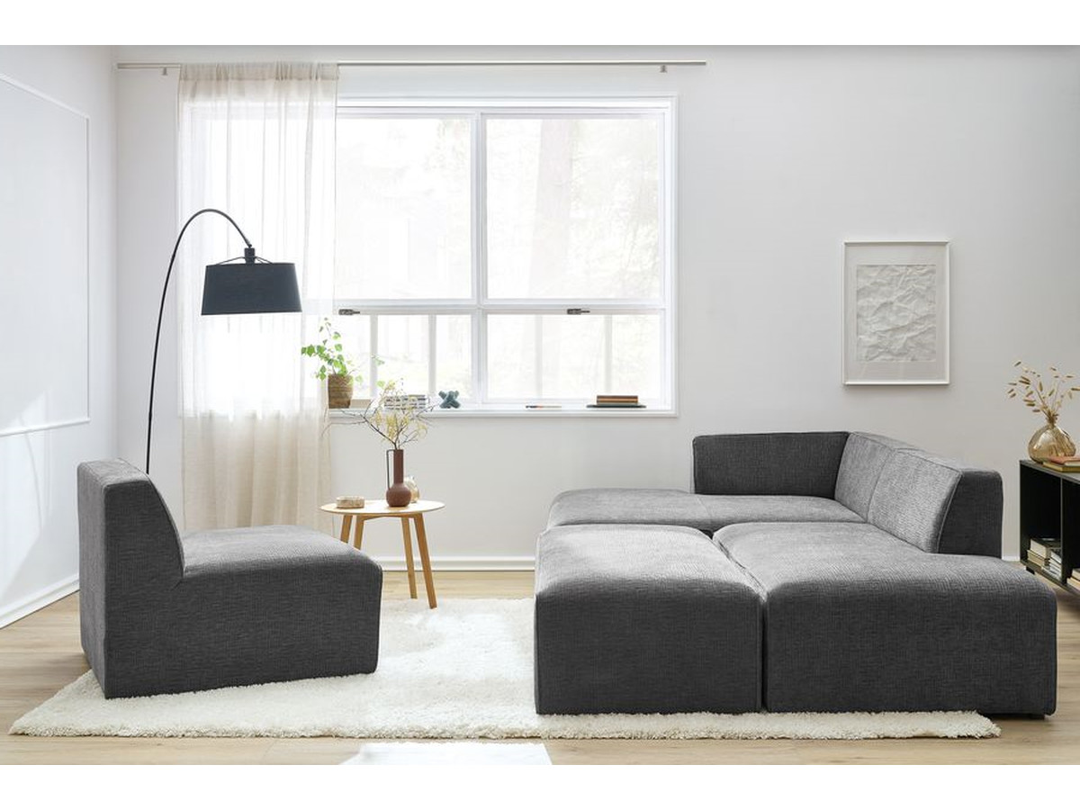 MEGEVE vaste modulaire hoekbank in structuurstof met 1 fauteuil en 1 poef