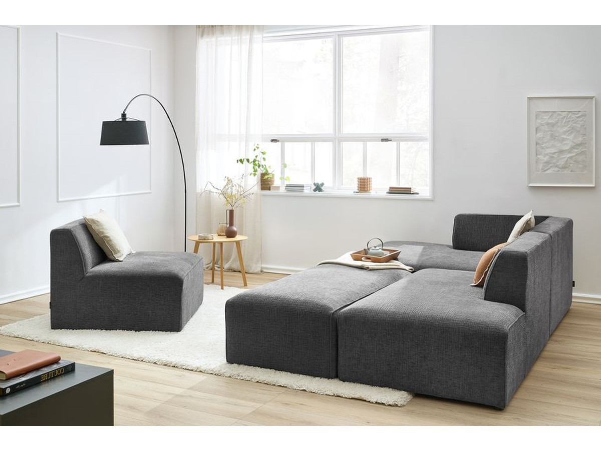 MEGEVE vaste modulaire hoekbank in structuurstof met 1 fauteuil en 1 poef
