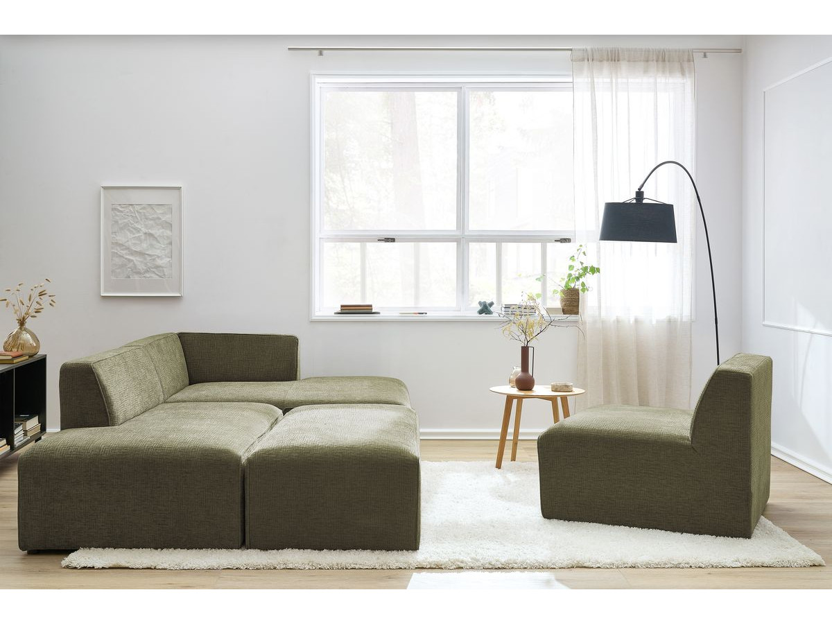MEGEVE vaste modulaire hoekbank in structuurstof met 1 fauteuil en 1 poef