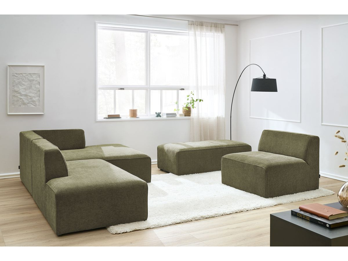 MEGEVE vaste modulaire hoekbank in structuurstof met 1 fauteuil en 1 poef