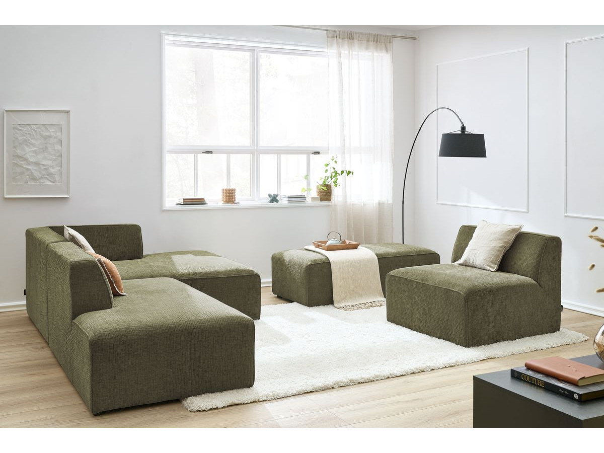 MEGEVE vaste modulaire hoekbank in structuurstof met 1 fauteuil en 1 poef