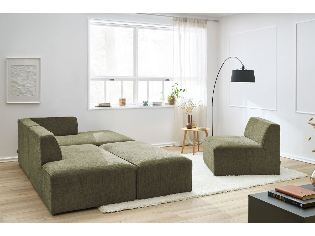MEGEVE vaste modulaire hoekbank in structuurstof met 1 fauteuil en 1 poef