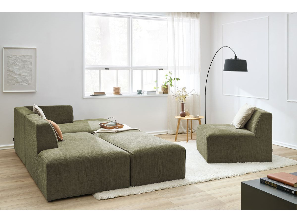 MEGEVE vaste modulaire hoekbank in structuurstof met 1 fauteuil en 1 poef